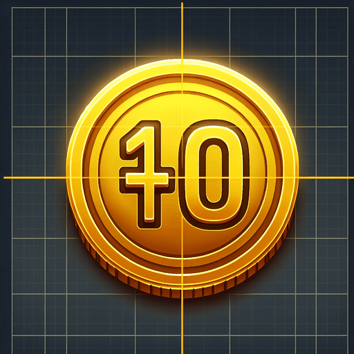 A yellow coin wher we can see '+10' written on it..
Single Game Texture. In-Game asset. 2d. Blank background. High contrast. No shadows.