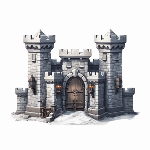 Full view Hero stronghold with gate at the right.
Game Texture. In-Game asset. 2d. Pixelart. White background. Blank background. Low detail. High contrast.