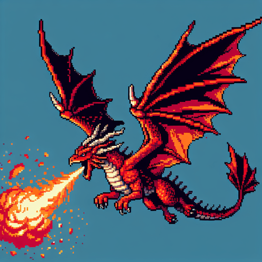 A flying red dragon breathing fire. side view. enemy character in a game. pixelart..
Single Game Texture. In-Game asset. 2d. Blank background. High contrast. No shadows.