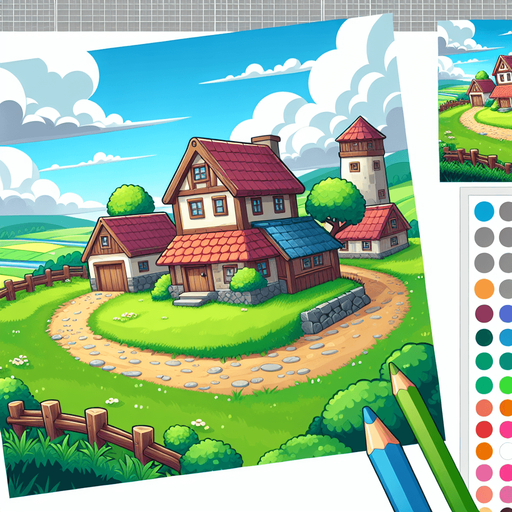 Bluno cartoon village background.
Single Game Texture. In-Game asset. 2d. Blank background. High contrast. No shadows.