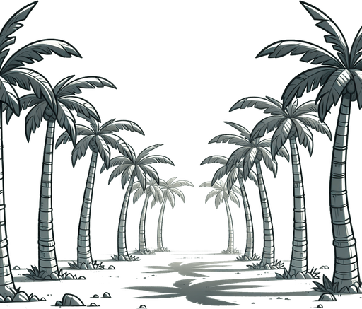 Palmtrees line. Cartoon. Single Game Texture. In-Game asset. 2d. Blank background. High contrast. No shadows..
Single Game Texture. In-Game asset. 2d. Blank background. High contrast. No shadows.