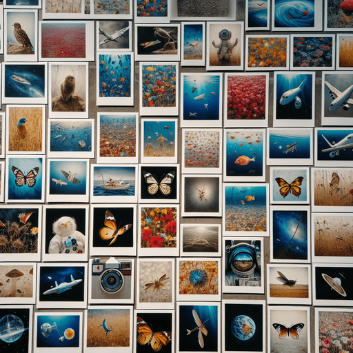 a multitude of polaroids in bulk, with photos of birds, fishes, butterflies, planes, hot air baloons, satelites, dragonflies.....