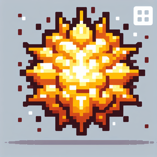 golden radial liquid cartoony puffed explosion. pixelated. 8 bit..
Single Game Texture. In-Game asset. 2d. Blank background. High contrast. No shadows.