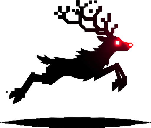 2d silhouette of a flying reindeer with a red glowy nose Single Game Texture. In-Game asset. 2d. Blank background. High contrast. No shadows.