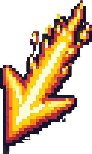 a yellow fire arrow, pointing up. top down view. pixelart. vertical. Single Game Texture. In-Game asset. 2d. Blank background. High contrast. No shadows.