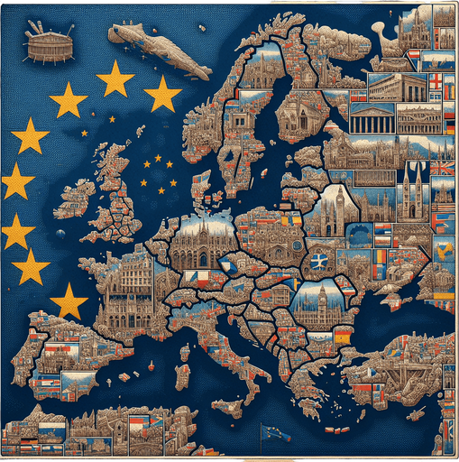 A patchwork of european countries with the european unio flag in back ground..
Single Game Texture. In-Game asset. 2d. Blank background. High contrast. No shadows.