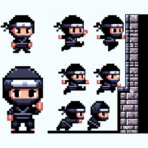 8-bit pixelated chibi ninja character sprite sheet with two simple, exaggerated action poses: one in mid-jump, with a small, round body and oversized head, arms and legs slightly bent in a cute, chibi-like leap. The second pose should emphasize the chibi ninja sliding down a wall: his body is pressed close to the wall with one hand extended upward, gripping or bracing against the wall. His feet should be pressed against the wall as he slides down, while his face is turned in the opposite direction, giving the impression he's scanning for threats or preparing to leap. The design should maintain the playful chibi proportions, with a dark, minimalistic outfit and a simple headband, all within a retro 8-bit pixel aesthetic and a limited color palette..
Single Game Texture. In-Game asset. 2d. Blank background. High contrast. No shadows.