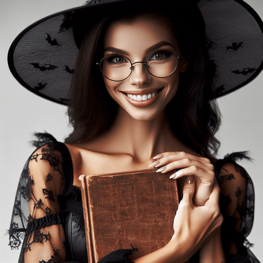 Yound generously beautifull teacher witch smiling, with glasses, a black witch hat, holding a little brown book in her hands and looking at the camera. wearing light black clothes. Torso head and hat should appear.