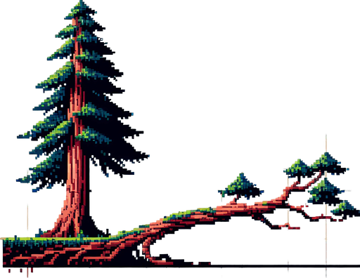 pixelart. A long horizontally growing  branch grown from a redwood tree. The tree itself should not be included in the image, only the branch..
Single Game Texture. In-Game asset. 2d. Blank background. High contrast. No shadows.