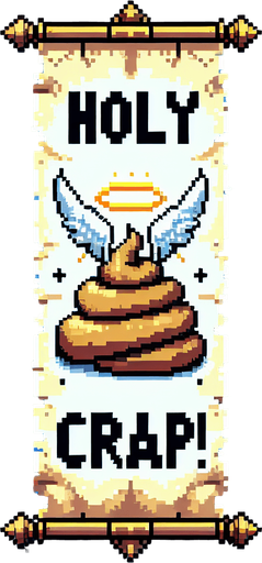 text saying "Holy Crap!" against a divine angelic poop banner. pixelated. 8-bit.
Single Game Texture. In-Game asset. 2d. Blank background. High contrast. No shadows.