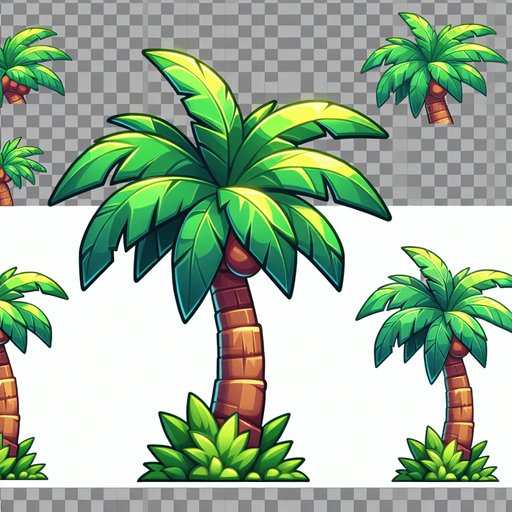 Create a cartoon-style illustration of palm trees. The goal is to capture a lively and playful location.
Single Game Texture. In-Game asset. 2d. Blank background. High contrast. No shadows.