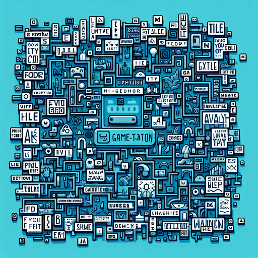 Patchwork de mots sur un fond cyan..
Single Game Texture. In-Game asset. 2d. Blank background. High contrast. No shadows.