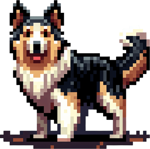 A 2D pixel shepherd dog transparent.
Single Game Texture. In-Game asset. 2d. Blank background. High contrast. No shadows.