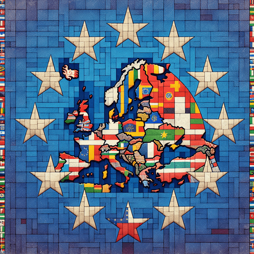 A patchwork of european countries with the european unio flag in back ground..
Single Game Texture. In-Game asset. 2d. Blank background. High contrast. No shadows.