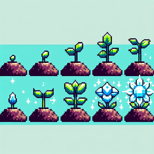 pixel art sprite sheet of a growing plant with a diamond flower.
Game asset. 2d. Blank background. High contrast. No shadows.