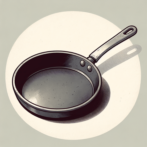 a simple fraying pan.
Single Game Texture. In-Game asset. 2d. Blank background. High contrast. No shadows.