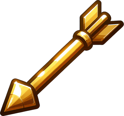 a long cartoon arrow with gold shaft and steel point
Single Game Texture. In-Game asset. 2d. Blank background. High contrast. No shadows.