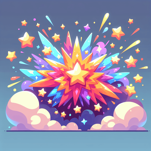 create a cartoon-style illustration of an explosion of stars.
Single Game Texture. In-Game asset. 2d. Blank background. High contrast. No shadows.