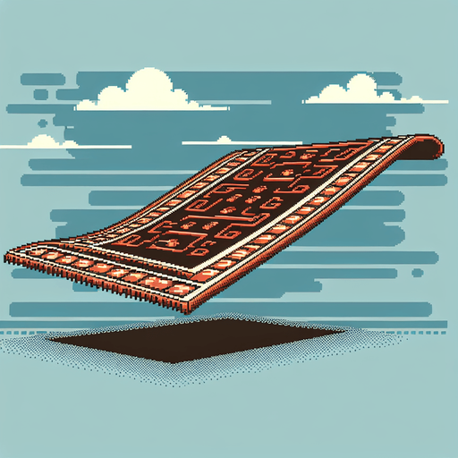 side view of a flat flying carpet heading to the right.
Retro gaming style