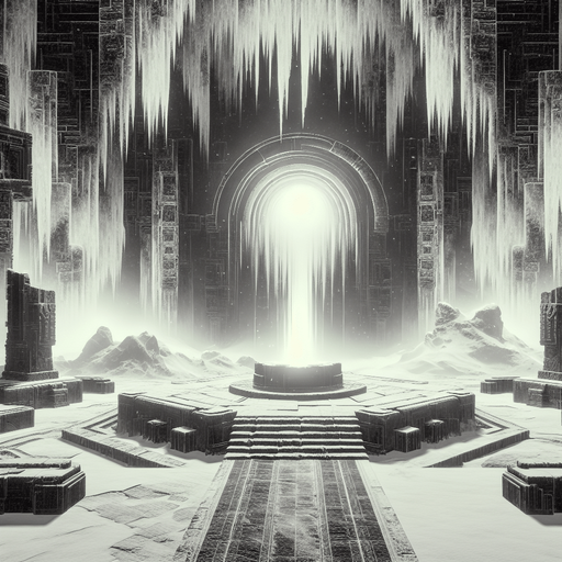 Interior of arctic temple ruins in outerspace..
Single Game Texture. In-Game asset. 2d. Blank background. High contrast. No shadows.