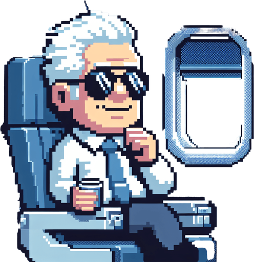 a 2d funny character in 8-bit and cartoon of joe biden on an airplane..