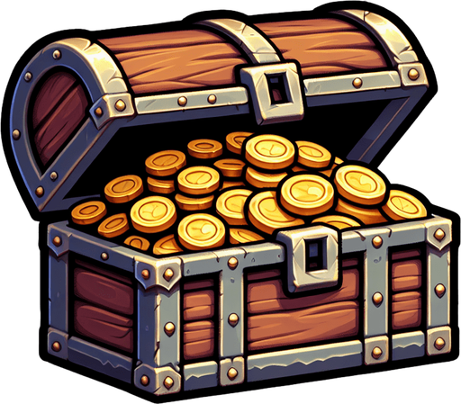 A treasure chest. Medieval style. cartoony. Open and full of gold coins. Single Game Texture. In-Game asset. 2d. Blank background. High contrast. No shadows.