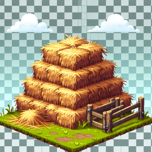 A 2D pixel of a fram hay asset transparent.
Single Game Texture. In-Game asset. 2d. Blank background. High contrast. No shadows.