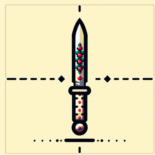 Cartoon knife pointing up. Symmetrical. Vertical. Christmas designed. Single Game Texture. In-Game asset. 2d. Blank background. High contrast. No shadows.