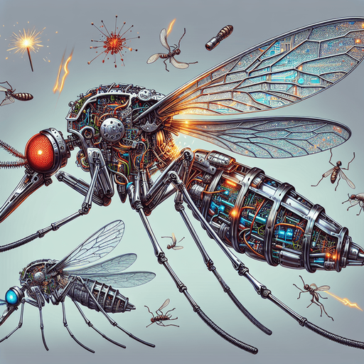 The robotic mosquito is a marvel of miniature engineering, its metallic body gleaming in the light. Its two transparent wings, adorned with intricate circuitry patterns, buzz rhythmically as it hovers and darts through the air. Six delicate legs, tipped with sharp points, enable it to perch on surfaces with remarkable precision. A pair of long, segmented antennae, their tips glowing faintly, twitch and sense the environment. Two glowing eyes, either red or blue, emit an eerie light as they scan the surroundings. However, this mechanical menace can also be crushed, its once pristine form reduced to a mangled mess of dented metal, broken wings, and exposed wires. Sparks might fly from its damaged innards, and its once bright eyes may flicker and fade. This sprite sheet captures both the living and destroyed states of the robotic mosquito, showcasing its intricate details and the grim aftermath of its demise..
Single Game Texture. In-Game asset. 2d. Blank background. High contrast. No shadows.