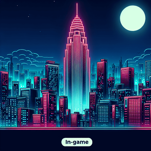 Neon cityscape, skyscraper, single vertical building , window panes.
Single Game Texture. In-Game asset. 2d. Blank background. High contrast. No shadows.