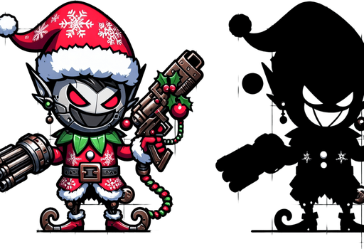 2d christmas evil robot elf with a gun Single Game Texture. In-Game asset. 2d. Blank background. High contrast. No shadows. Single Game Texture. In-Game asset. 2d. Blank background. High contrast. No shadows.