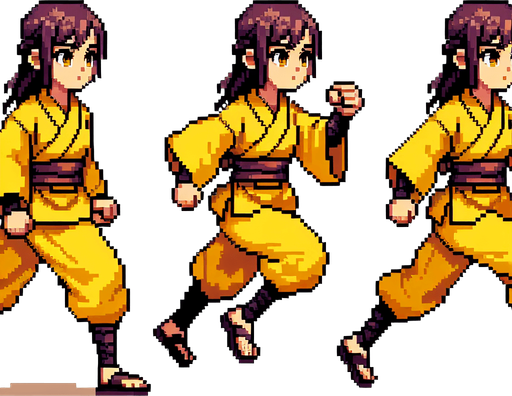 little ninja girl with a yellow kimono. Running frames: left and right legs in alternate positions.
2x2 sprite sheet