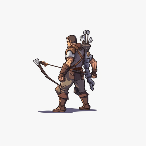 Heroic archer walking to the right.
Game Texture. In-Game asset. 2d. Pixelart. White background. Blank background. Low detail. High contrast.