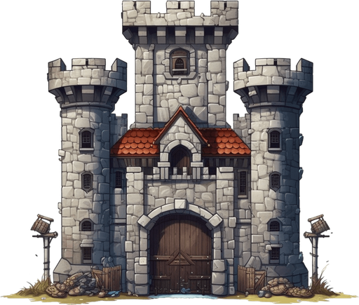 Full view Hero stronghold with gate at the right.
Game Texture. In-Game asset. 2d. Pixelart. White background. Blank background. Low detail. High contrast.