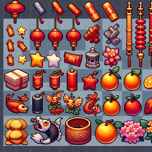 Sprite sheet with Hongbao, chinese Firecrackers, chinese lanters, Yuanbao, Koi Fish, chines Mandarin Oranges, chinese Plum Blossoms.
Game art.
Single Game Texture. In-Game asset. 2d. Blank background. High contrast. No shadows.