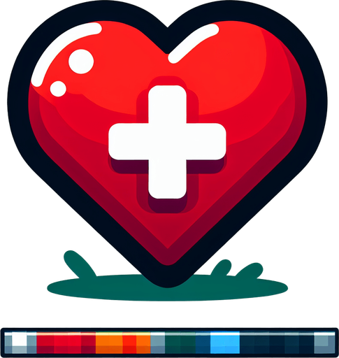 Red 
Heart  with plus symbol at centre.
Single Game Texture. In-Game asset. 2d. Blank background. High contrast. No shadows.