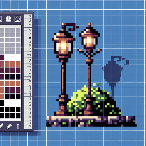 Pixel art street lamp.
Single Game Texture. In-Game asset. 2d. Blank background. High contrast. No shadows.