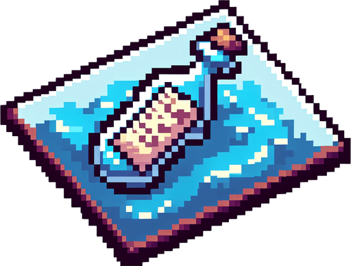 8 bit. cartoon. bottle with a message . floating in the water.  in game asset. no background. Single Game Texture. In-Game asset. 2d. Blank background. High contrast. No shadows.