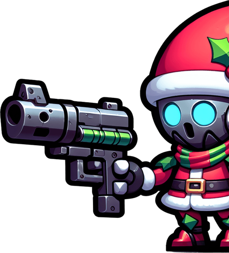 2d christmas evil robot elf with a gun Single Game Texture. In-Game asset. 2d. Blank background. High contrast. No shadows. Single Game Texture. In-Game asset. 2d. Blank background. High contrast. No shadows.