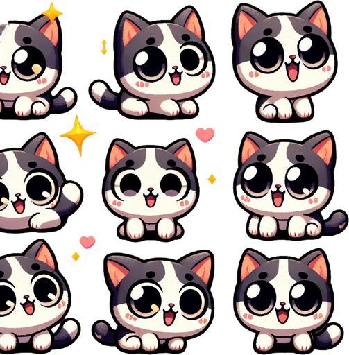 A sprite sheet of happy, cute and very silly looking little cats with large eyes..
Single Game Texture. In-Game asset. 2d. Blank background. High contrast. No shadows.