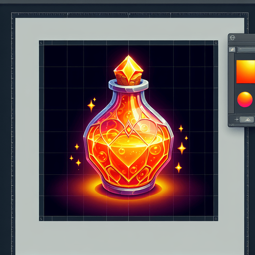 potion magique orange.
Single Game Texture. In-Game asset. 2d. Blank background. High contrast. No shadows.