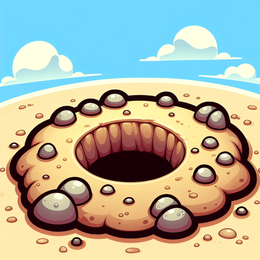 Create a cartoon-style illustration of a crab hole in the sand (without the crab, just the hole).
Single Game Texture. In-Game asset. 2d. Blank background. High contrast. No shadows.