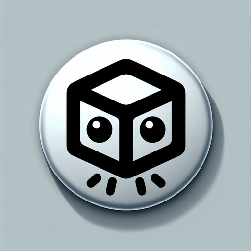 a button with a cube on it with two eyes and hands but no arms.
Single Game Texture. In-Game asset. 2d. Blank background. High contrast. No shadows.