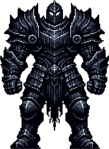 a colossal menacing black knight in heavy armor. pixelart game sprite. front view. Single Game Texture. In-Game asset. 2d. Blank background. High contrast. No shadows.