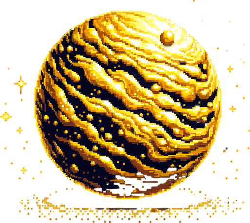 pixel art of a planet made of gold ore.
Single Game Texture. In-Game asset. 2d. Blank background. High contrast. No shadows.