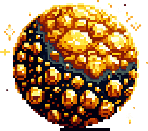 pixel art of a planet made of gold ore.
Single Game Texture. In-Game asset. 2d. Blank background. High contrast. No shadows.