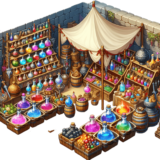 A market in a RTS fantasy style Single Game Texture. In-Game asset. 2d. Blank background. High contrast. No shadows.