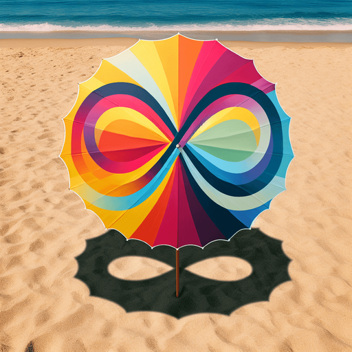 beach parasol of site "FRVR" (with the colored infinty sign having its right side bigger than the left one) with its shadow.
photo