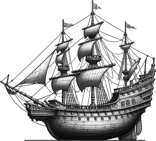 pirate caravel, side view, black and white,.
Single Game Texture. In-Game asset. 2d. Blank background. High contrast. No shadows.