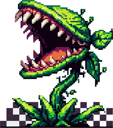 Head of a carnivorous plant, mouth open at top, pixel art
Single Game Texture. In-Game asset. 2d. Blank background. High contrast. No shadows.